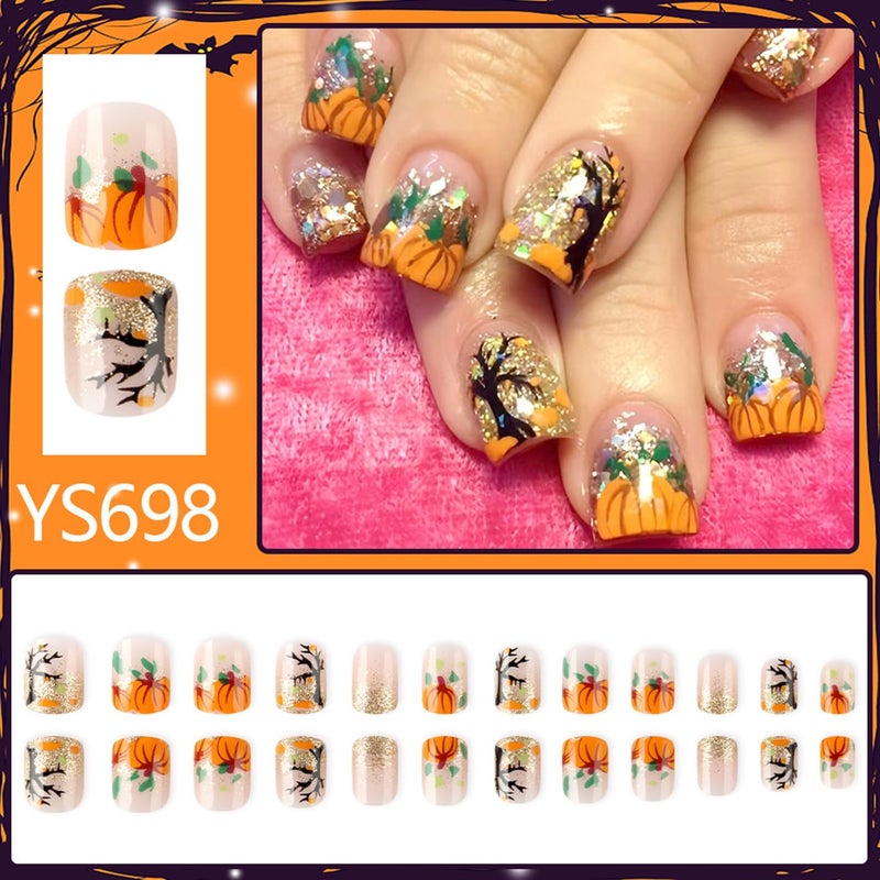 CJDLTS Thanksgiving Press on Nails Short Square Fall False Nail Pumpkin Glitter Sequins Pattern Acrylic Fingernails Full Cover Glossy Festival Stick on Nail Press Ons Reusable Autumn Glue on Nails for Women - Image 3